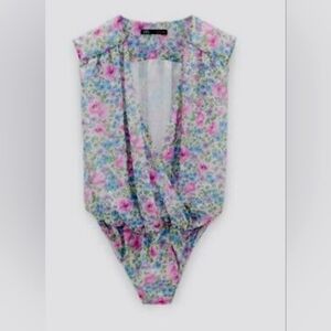ZARA Floral Faux Wrap Drape V Neck Sleeveless Bodysuit Medium
